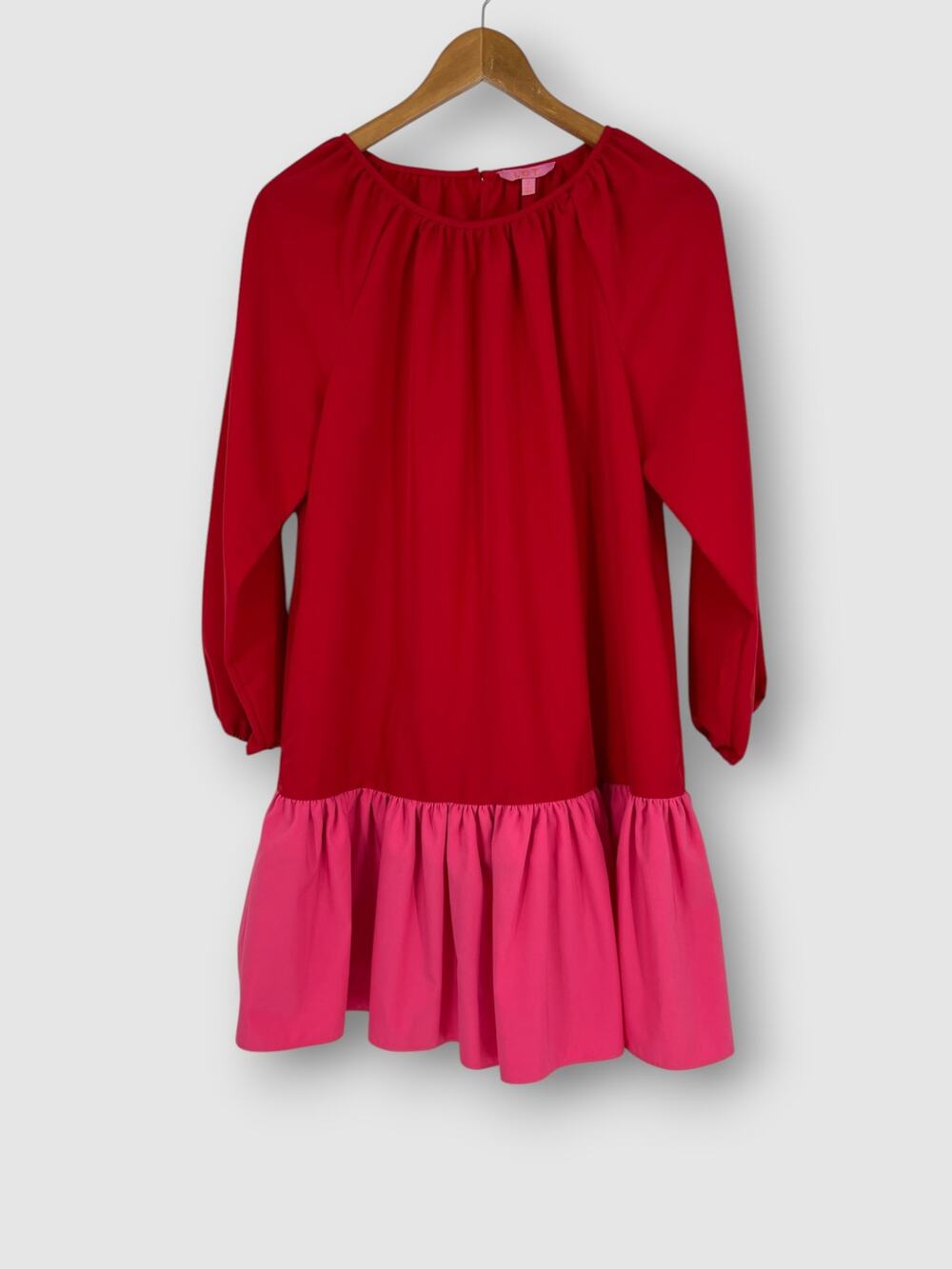 LDT Red and Pink Colorblock Drop Waist Ruffle Hem Mini Dress Size 2